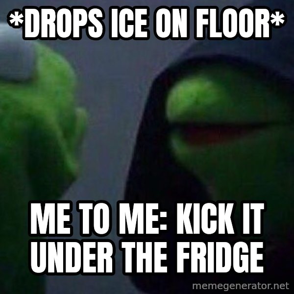 Evil kermit meme: *Drops Ice On Floor* / Me to Me: Kick it under the fridge