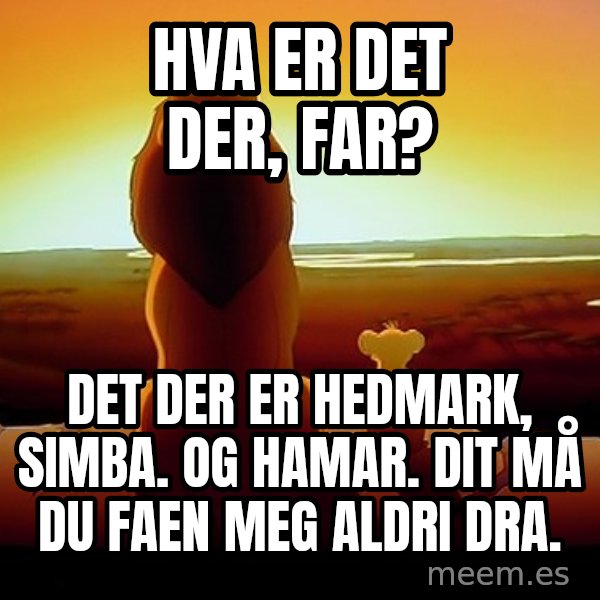 simba mufasa meme: Hva er det der, far? / Det der er Hedmark, Simba. Og Hamar. Dit må du faen meg aldri dra.