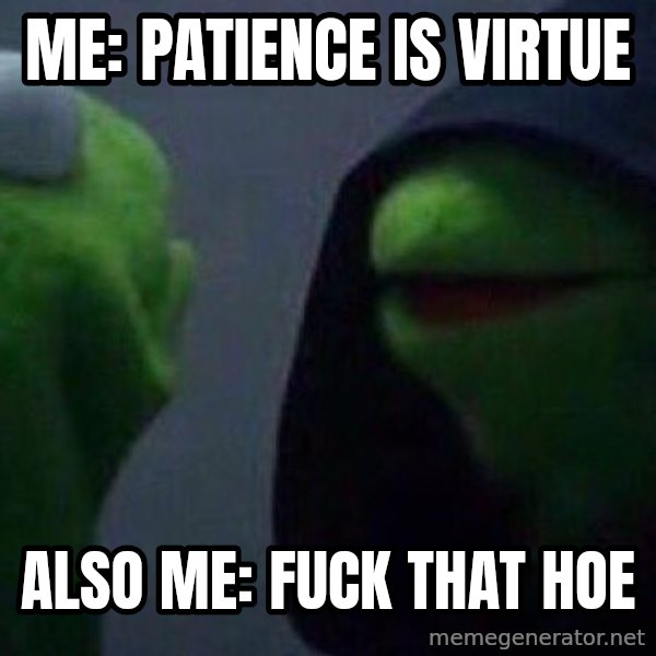 Evil kermit meme: me: patience is virtue / also me: fuck that hoe