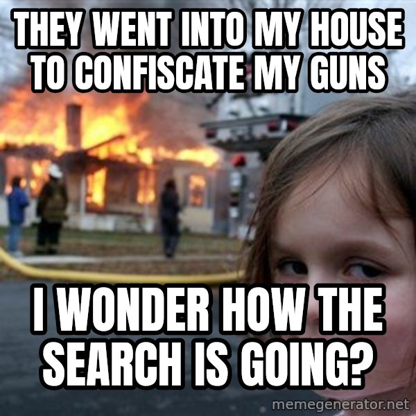 Disaster Girl meme: they went into my house to confiscate my guns / i wonder how the search is going?