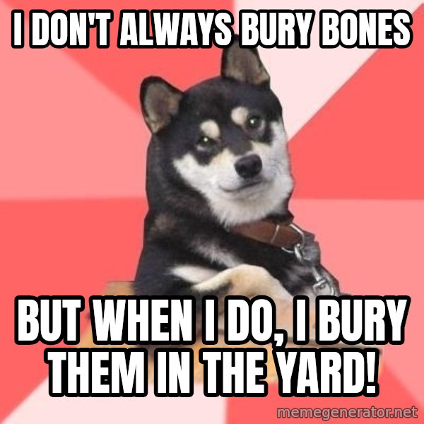 Cool Dog meme: I don't always bury bones / but when I do, I bury them in the yard!