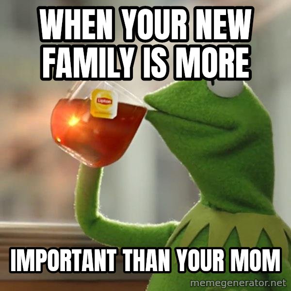 Kermit The Frog Drinking Tea meme: When your new family is more / Important than your mom
