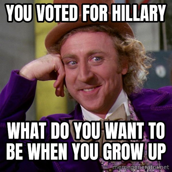 Willy Wonka meme: you voted for hillary / what do you want to be when you grow up