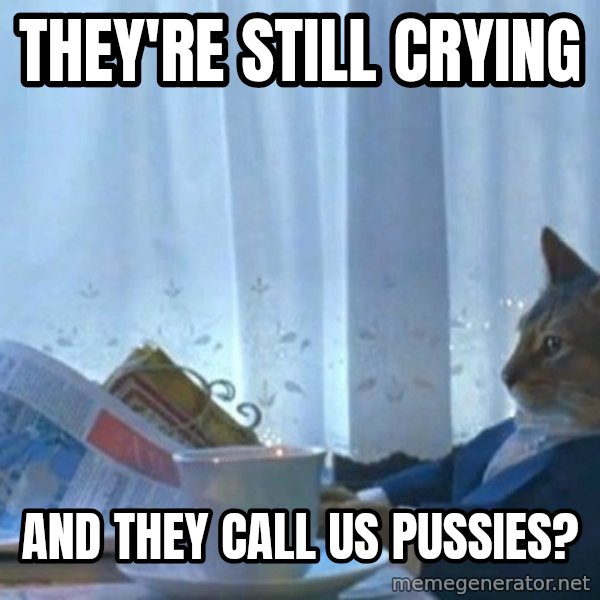 newspaper cat realization meme: They're still crying / And they call us pussies?