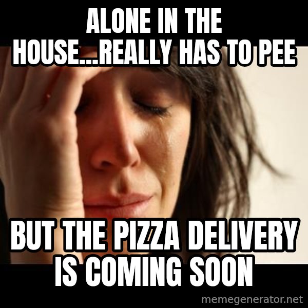 crying girl sad meme: alone in the house...really has to pee / but the pizza delivery is coming soon