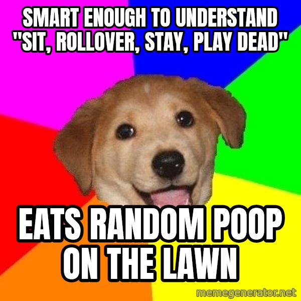 Advice Dog meme: Smart enough to understand "sit, rollover, stay, play dead" / eats random poop on the lawn