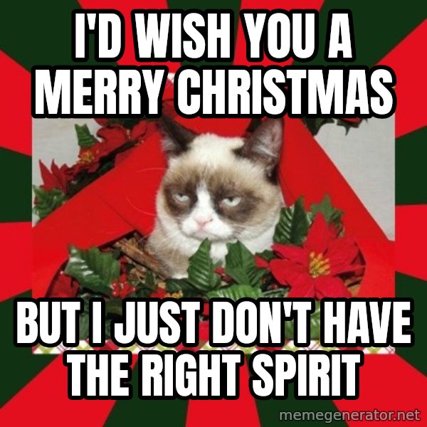 GRUMPY CAT ON CHRISTMAS meme: I'd wish you a merry christmas / But I just don't have the right spirit