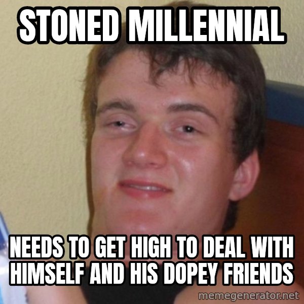 high/drunk guy meme: stoned millennial / needs to get high to deal with himself and his dopey friends