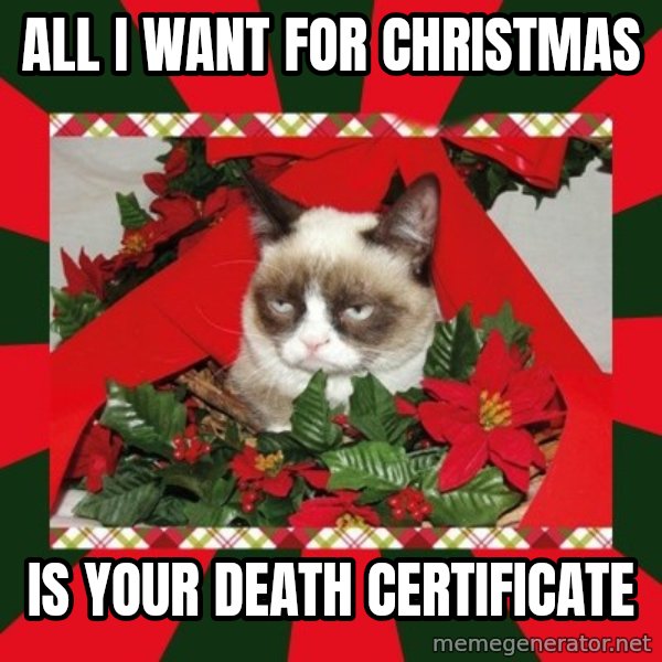 GRUMPY CAT ON CHRISTMAS meme: All I want for christmas / is your death certificate