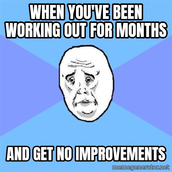 Okay Guy meme: When you've been working out for months / and get no improvements