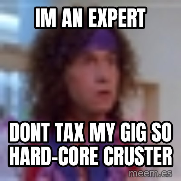 Pauly Shore meme: im an expert / dont tax my gig so hard-core cruster