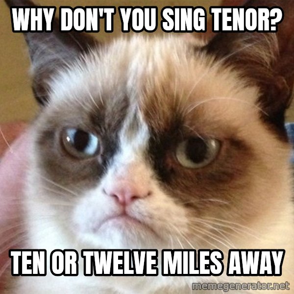 Angry Cat Meme meme: why don't you sing tenor? / ten or twelve miles away
