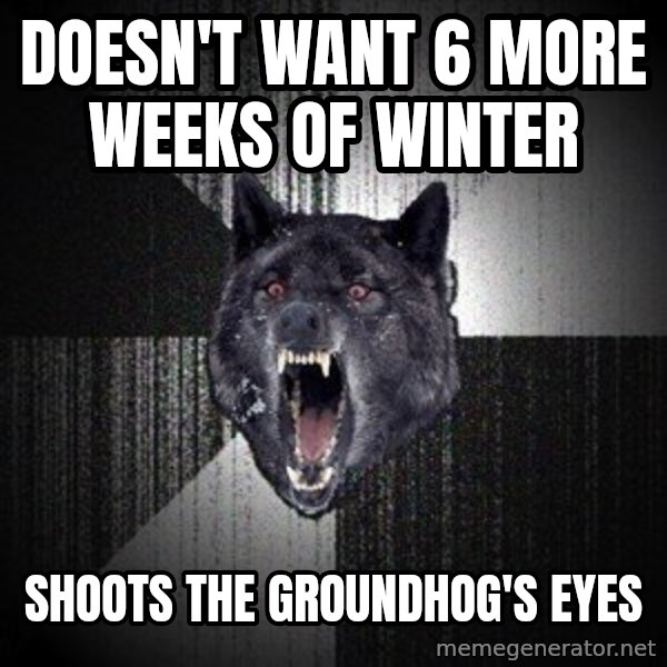 Insanity Wolf meme: doesn't want 6 more weeks of winter / shoots the groundhog's eyes
