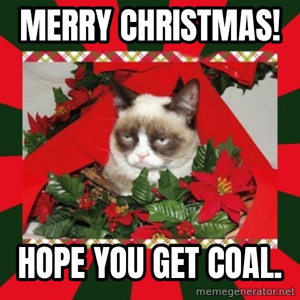 GRUMPY CAT ON CHRISTMAS meme: Merry Christmas! / Hope you get coal.