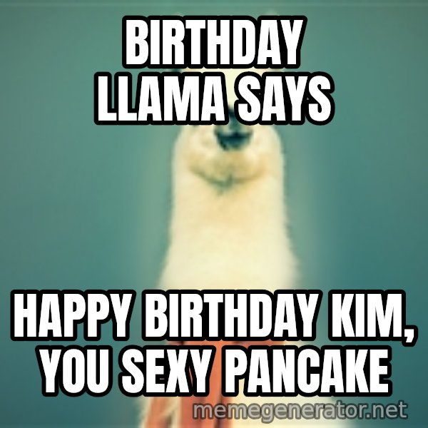 Pancakes llama meme: BIRTHDAY LLAMA SAYS / HAPPY BIRTHDAY KIM,          YOU SEXY PANCAKE