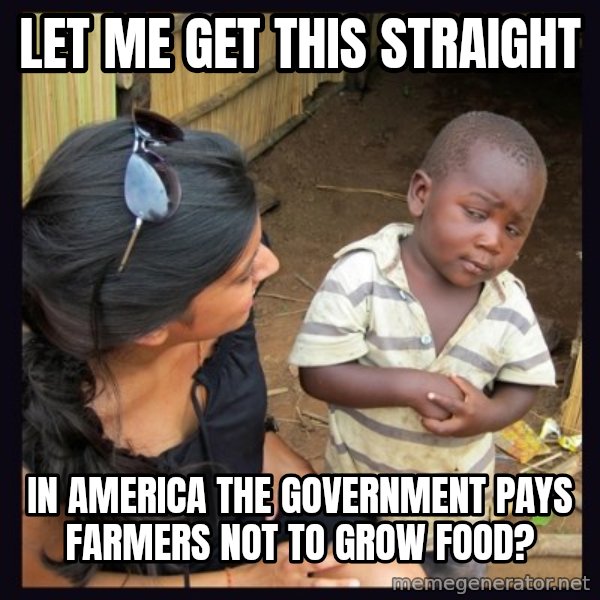 Skeptical 3rd World Kid meme: let me get this straight / in america the government pays farmers not to grow food?