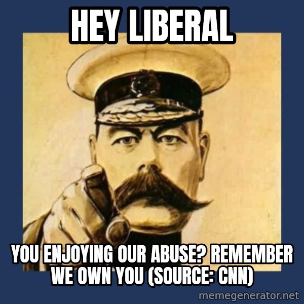 your country needs you meme: Hey Liberal / You enjoying our abuse? Remember we own you (source: CNN)