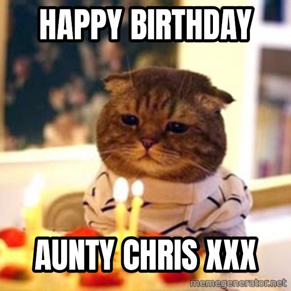 Birthday Cat meme: Happy Birthday / Aunty Chris xxx