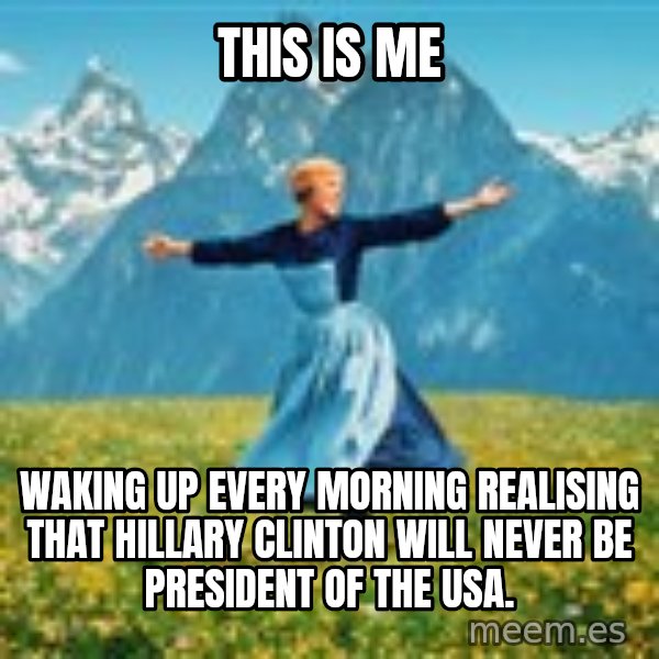 Julie Andrews Sound of Music meme football  meme: this is me / waking up every morning realising that hillary clinton will never be president of the usa.