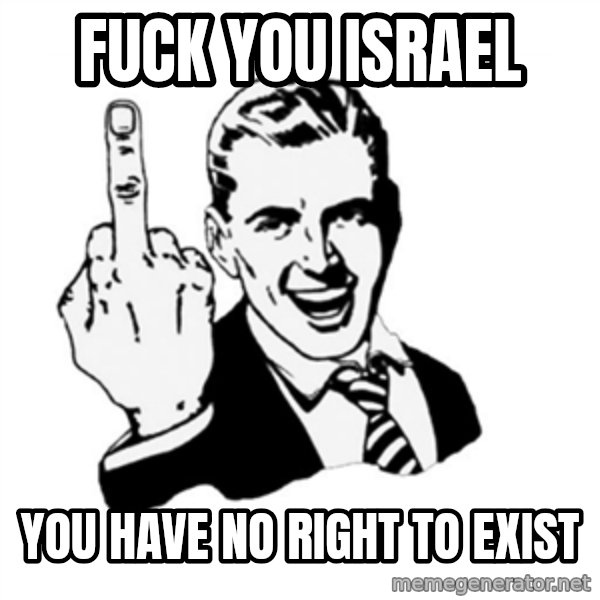 middle finger meme: Fuck you Israel / You have no right to exist