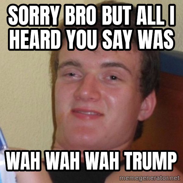 high/drunk guy meme: Sorry bro but all I heard you say was / Wah wah wah Trump