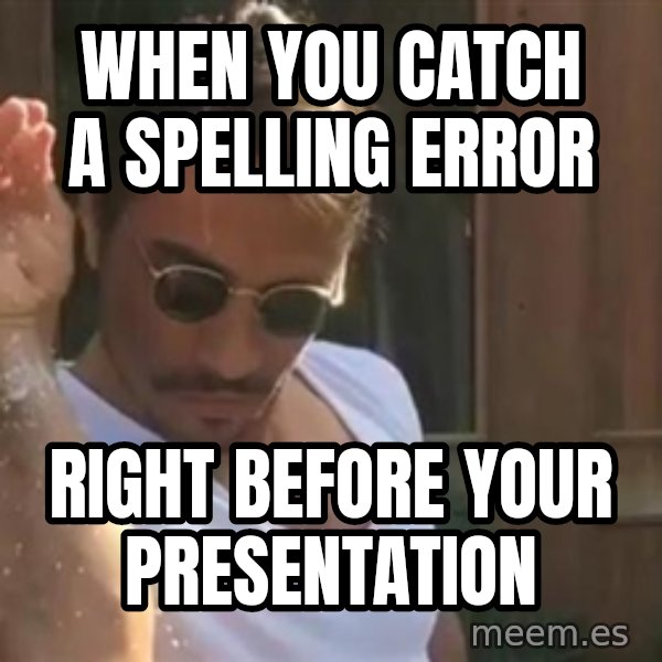 salt bae meme: When you catch a spelling error / Right before your presentation