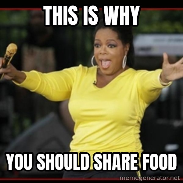 Overly-Excited Oprah!!!  meme: This is why / You should share food