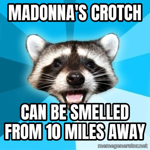Lame Pun Coon meme: madonna's crotch / can be smelled from 10 miles away