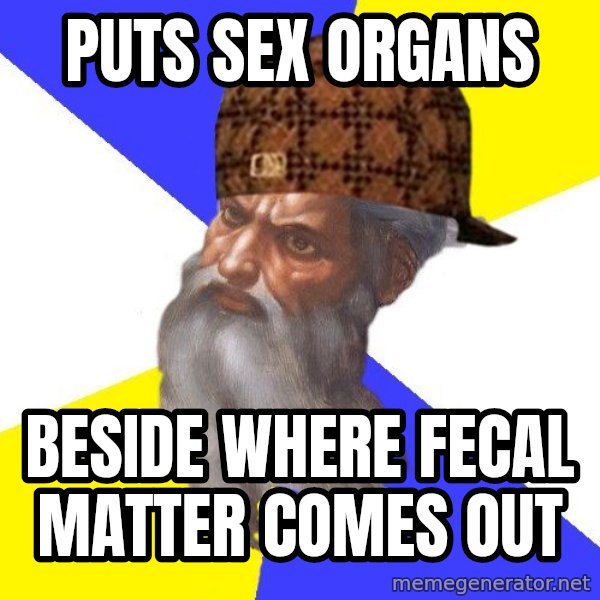 Scumbag God meme: Puts sex organs / Beside where fecal matter comes out