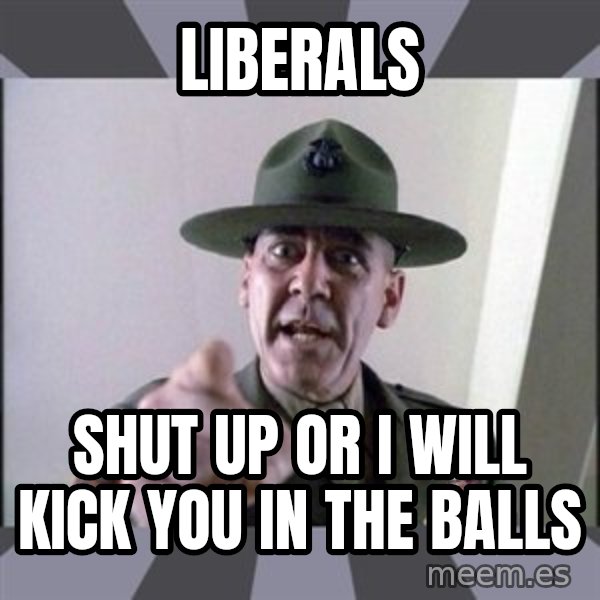 R. Lee Ermey meme: liberals / shut up or i will kick you in the balls