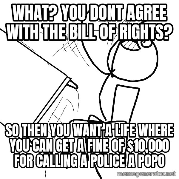 Desk Flip Rage Guy meme: what? you dont agree with the bill of rights? / so then you want a life where you can get a fine of $10,000 for calling a police a popo