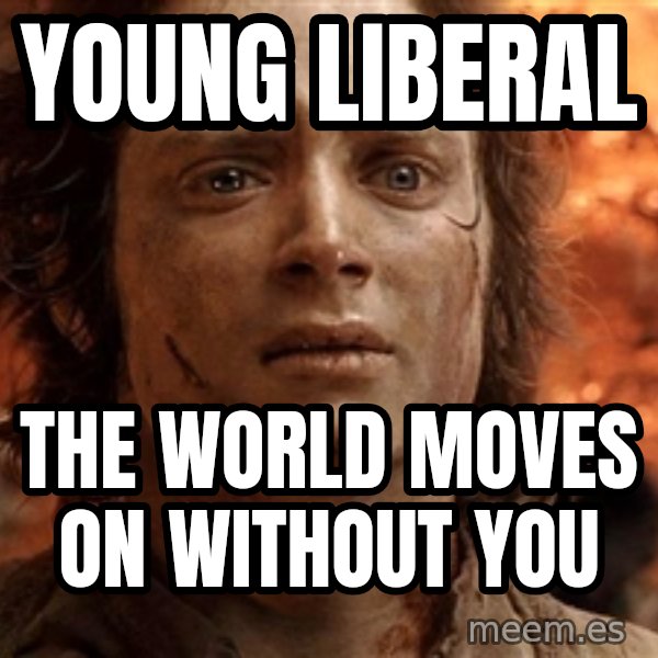 Frodo  meme: young liberal / the world moves on without you