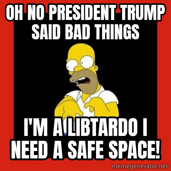 Homer retard meme: Oh no President Trump said bad things / I'm a libtardo I need a safe space!