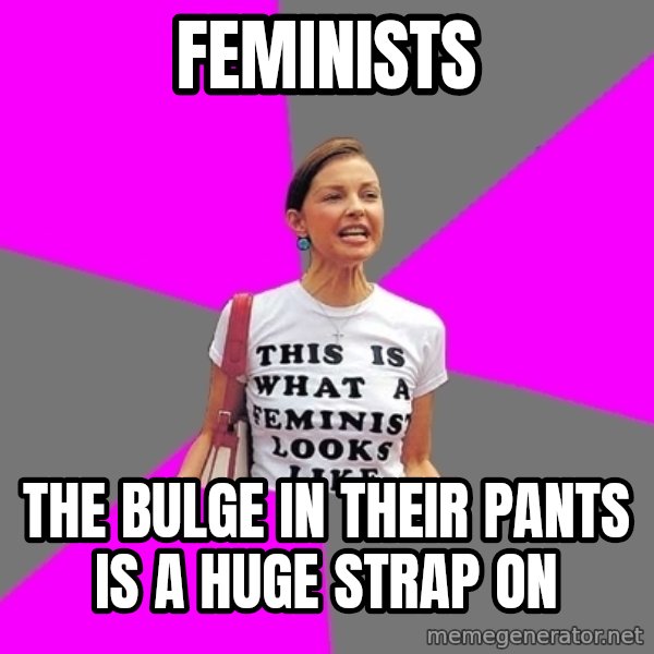 Feminist Cunt meme: feminists / the bulge in their pants is a huge strap on