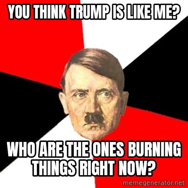 Advice Hitler meme: you think trump is like me? / who are the ones burning things right now?