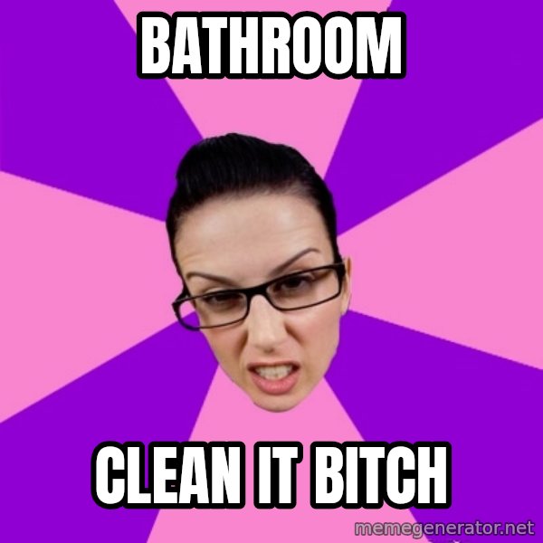 Privilege Denying Feminist meme: bathroom / clean it bitch