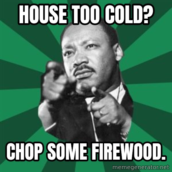 Martin Luther King jr.  meme: house too cold? / chop some firewood.
