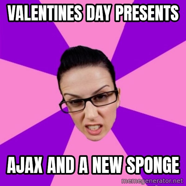 Privilege Denying Feminist meme: valentines day presents / ajax and a new sponge