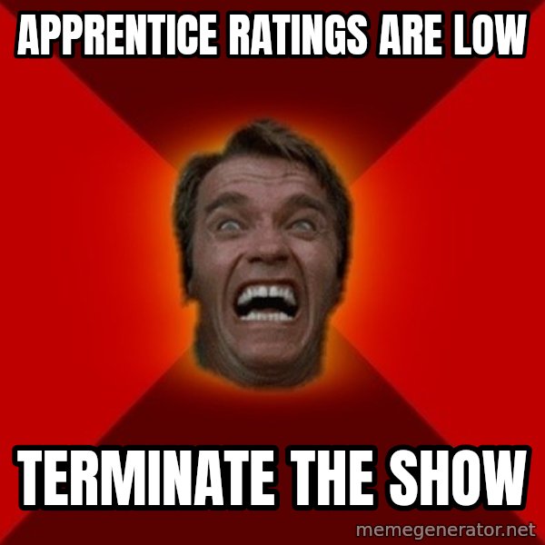 Angry Arnold meme: apprentice ratings are low / terminate the Show