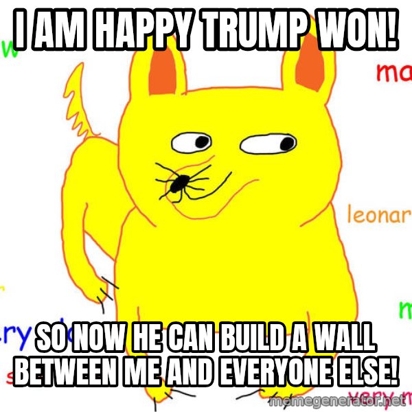 Grumpy Cat  meme: I AM HAPPY TRUMP WON! / SO NOW HE CAN BUILD A WALL BETWEEN ME  AND EVERYONE ELSE!