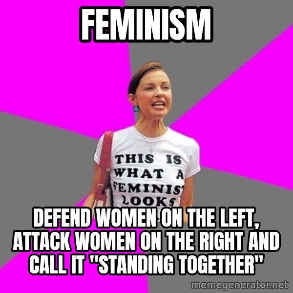 Feminist Cunt meme: Feminism / defend women on the left, attack women on the right and call it "Standing together"