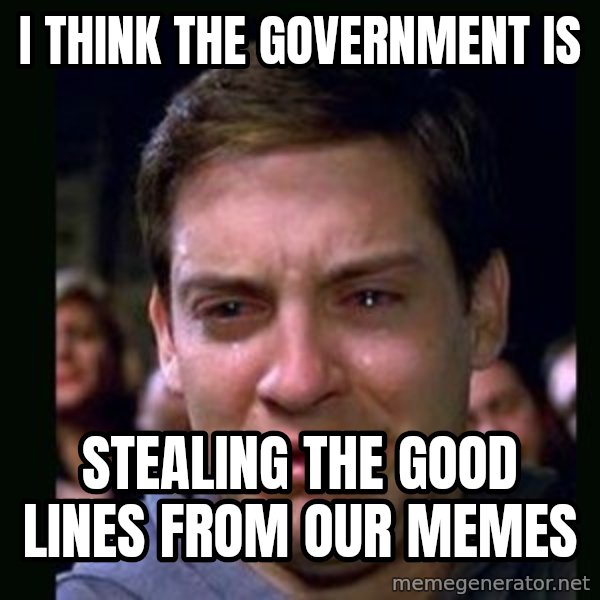 crying peter parker meme: I think the government is / Stealing the good lines from our memes