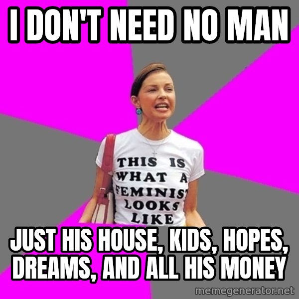 Feminist Cunt meme: i don't need no man / just his house, kids, hopes, dreams, and all his money