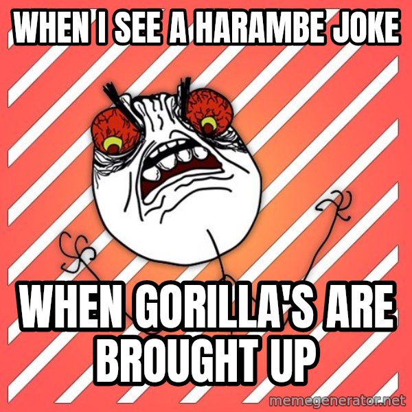 iHate meme: when i see a harambe joke / when gorilla's are brought up