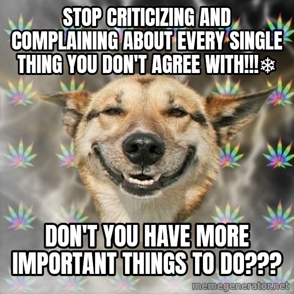 Stoner Dog meme: Stop criticizing and complaining about every single thing you don't agree with!!!❄ / Don't you have more important things to do???