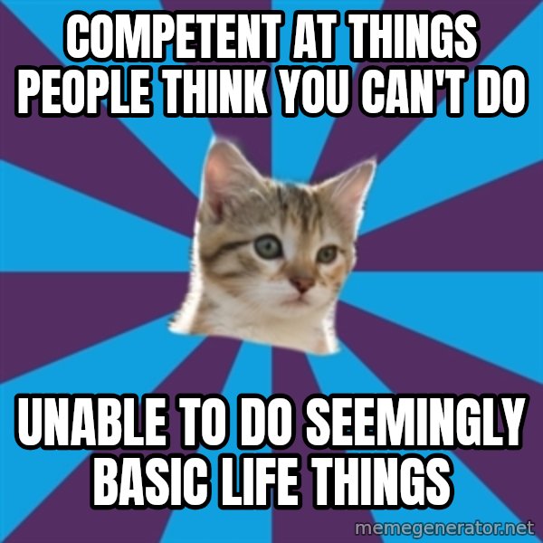 Autistic Kitten meme: competent at things people think you can't do / unable to do seemingly basic life things