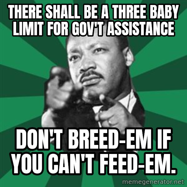 Martin Luther King jr.  meme: there shall be a three baby limit for gov't assistance / Don't breed-em if you can't feed-em.