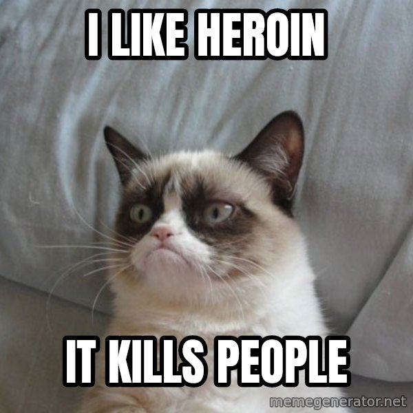 Grumpy cat good meme: I like heroin / it kills people