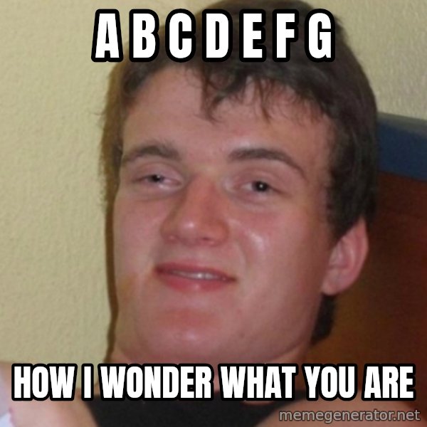 Stoner Stanley meme: A B C D E F G / how i wonder what you are