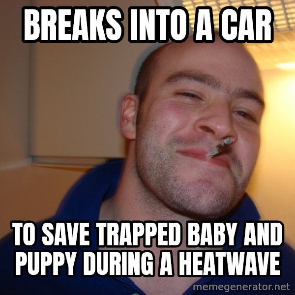 Good Guy Greg meme: Breaks into a car / to save trapped baby and puppy during a heatwave